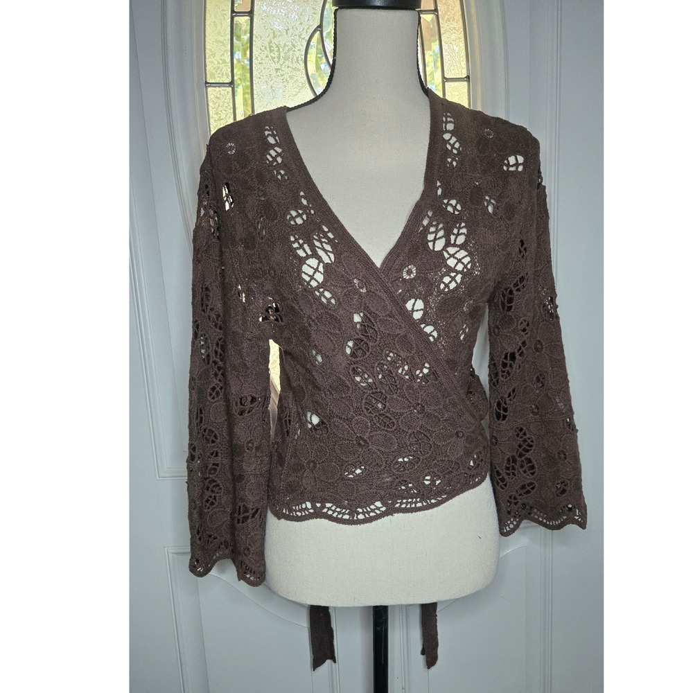 House of Harlow 1960 Brown Crochet Lace Wrap Top One Size Boho Bell Sleeve